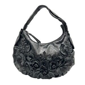 Lockheart Shoulder Bag 3D Embellished Flowers Bead Black Handbag Purse EUC‎